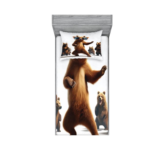 Ambesonne Funny Bear Fitted Sheet & Pillow Sham Set, Dancing Huge Glasses, Twin, Chocolate White