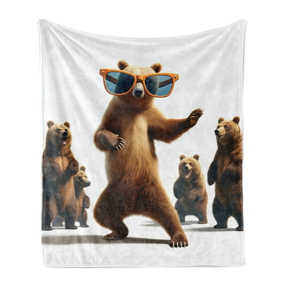 Ambesonne Funny Bear Fleece Throw Blanket Dancing Huge Glasses 70"x90" Chocolate White