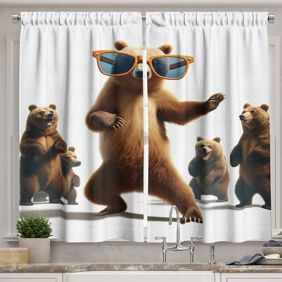 Ambesonne Funny Bear Kitchen Curtains, Dancing Huge Glasses, 55"x39", Chocolate White