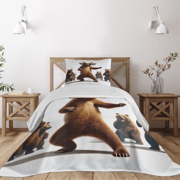 Ambesonne Funny Bear Quilted Coverlet 2 Pcs, Dancing Huge Glasses, Twin Size, Chocolate White