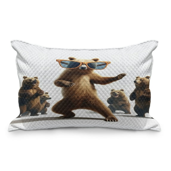 Ambesonne Funny Bear Quilted Pillowcover, Dancing Huge Glasses, 36" x 20", Chocolate White