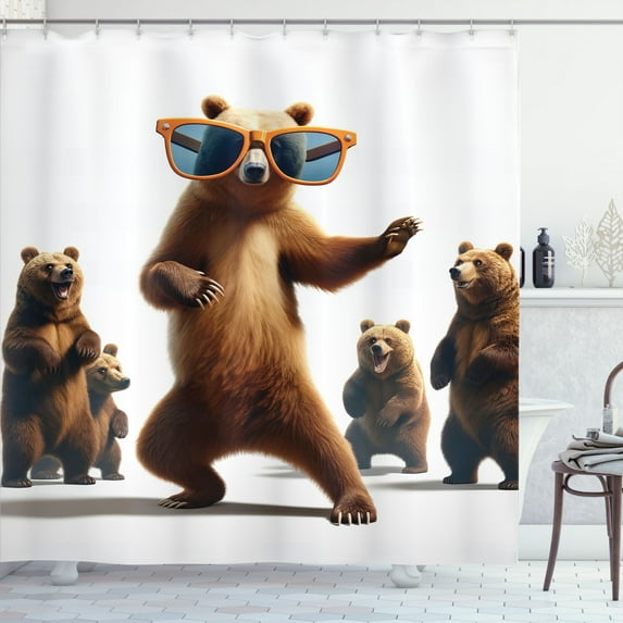 Ambesonne Funny Bear Shower Curtain, Dancing Huge Glasses, 69"Wx84"L, Chocolate White