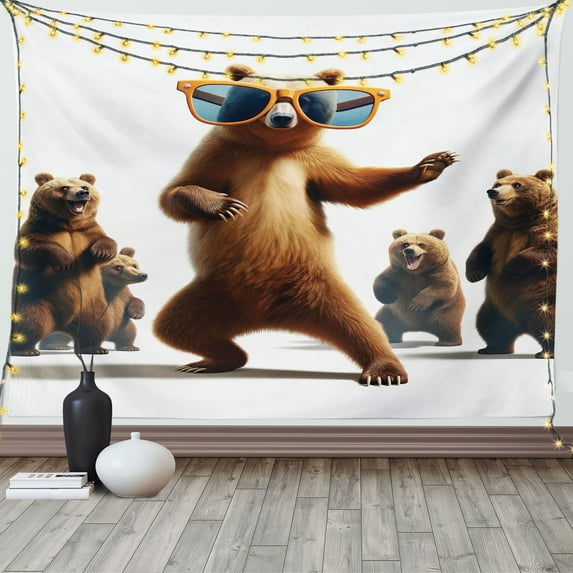 Ambesonne Funny Bear Tapestry Wall Hanging, Dancing Huge Glasses, 60"x40", Chocolate White