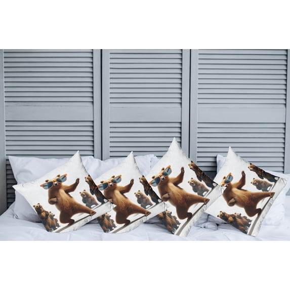 Ambesonne Funny Bear Throw Pillow Cover Pack of 4, Dancing Huge Glasses, 4 Pcs-16" x 16", Chocolate White