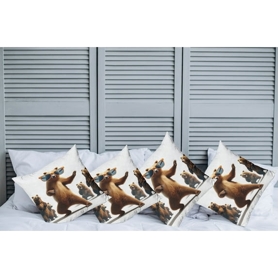 Ambesonne Funny Bear Throw Pillow Cover Pack of 4, Dancing Huge Glasses, 4 Pcs-26" x 16", Chocolate White