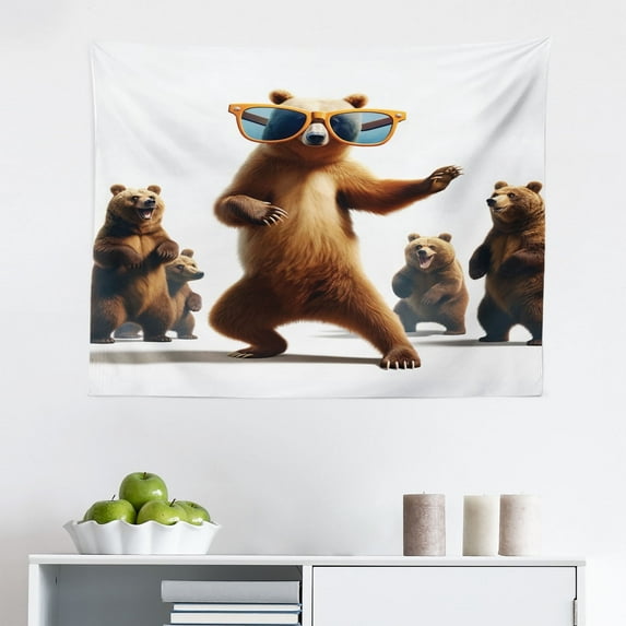 Ambesonne Funny Bear Wall Hanging Tapestry, Dancing Huge Glasses, 28"x23", Chocolate White