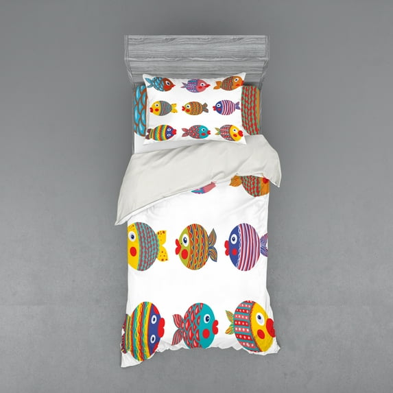 Ambesonne Funny Bedding Set 3 Pcs, Folkloric Fish Family, Twin, Multicolor