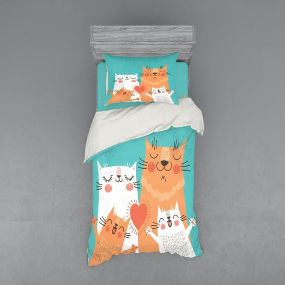 Ambesonne Funny Bedding Set 3 Pcs, Kitty Couple Happy, Twin, Multicolor
