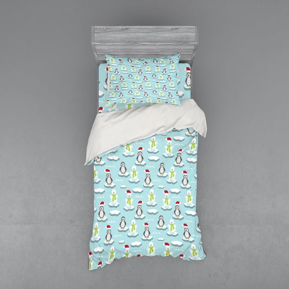 Ambesonne Funny Bedding Set 3 Pcs, Penguin Snowman Ice Floe, Twin, Multicolor