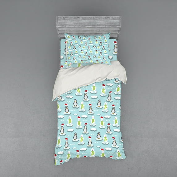 Ambesonne Funny Bedding Set 3 Pcs, Penguin Snowman Ice Floe, Twin XL, Multicolor