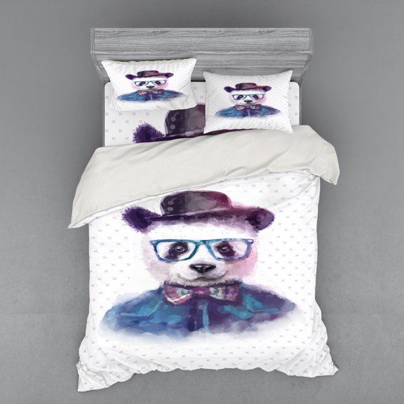 Ambesonne Funny Bedding Set 4 Pcs, Hipster Panda with Tie, Queen, Black Blue