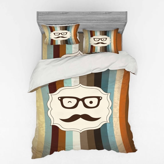 Ambesonne Funny Bedding Set 4 Pcs, Man Moustache Glasses, Queen, Multicolor