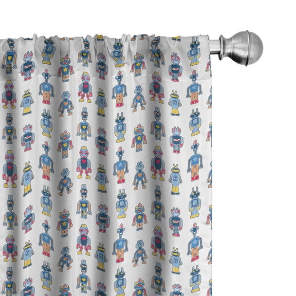 Ambesonne Funny Curtains, Repetitive Minimal Robots, Pair of 28"x63", Sea Blue Orange and Dark Pink