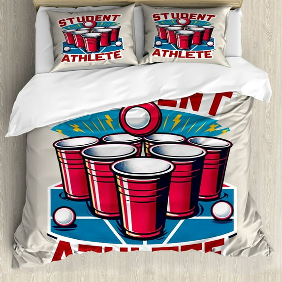 Ambesonne Funny Duvet Cover Set, Beer Pong Themed Athlete Art, King, Dark Pink Blue and Red