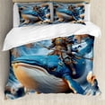 thumbnail image 1 of Ambesonne Funny Duvet Cover Set, Noble Warrior Cat on a Whale, Calking, Sea Blue Peach Beige, 1 of 5