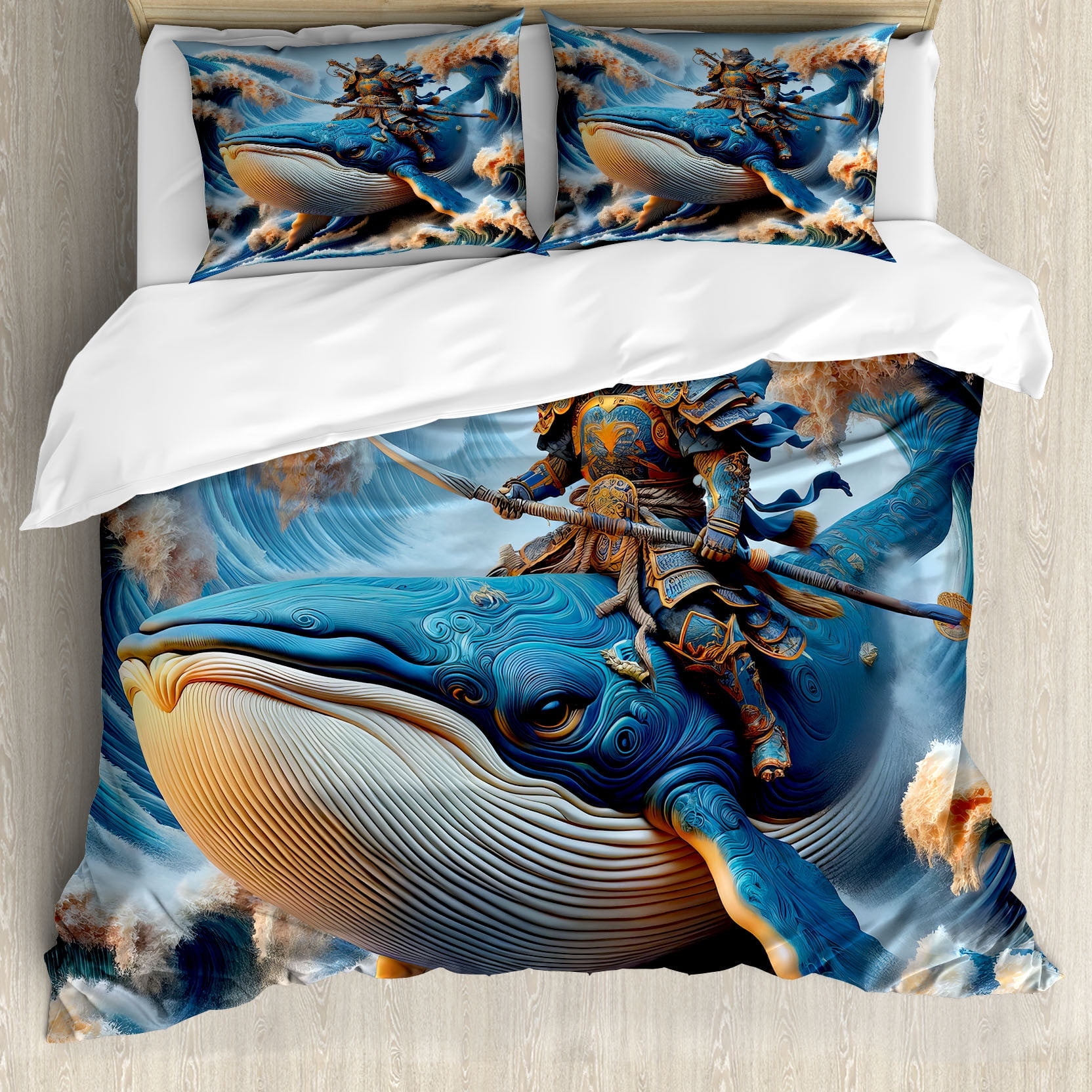 Ambesonne Funny Duvet Cover Set, Noble Warrior Cat on a Whale, King