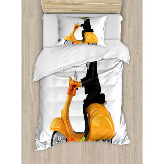 Ambesonne Funny Duvet Cover Sets, Italian Frog Motorcycle, 2-Twin, Green Black Orange