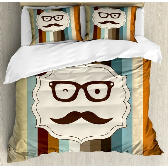 Ambesonne Funny Duvet Cover Sets, Man Moustache Glasses, 2-Queen, Multicolor