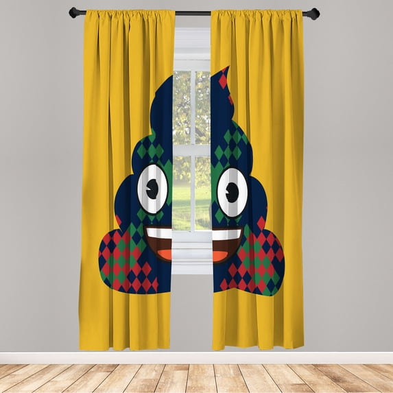 Ambesonne Funny Emoji Curtains, Tartan Pile of Poo Art, Pair of 28"x63", Mustard and Night Blue