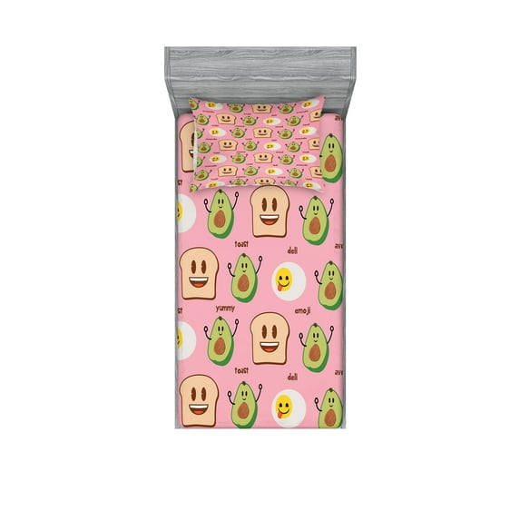 Ambesonne Funny Emoji Fitted Sheet & Pillow Sham Set, Egg Avocado and Toast, Twinxl, Pale Pink Beige
