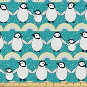 Ambesonne Funny Fabric by the Yard Upholstery, Cartoonish Penguins Rainbow, 10 Yards, Dark Seafoam and Soft Blue