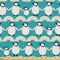 Ambesonne Funny Fabric by the Yard Upholstery, Cartoonish Penguins Rainbow, 10 Yards, Dark Seafoam and Soft Blue