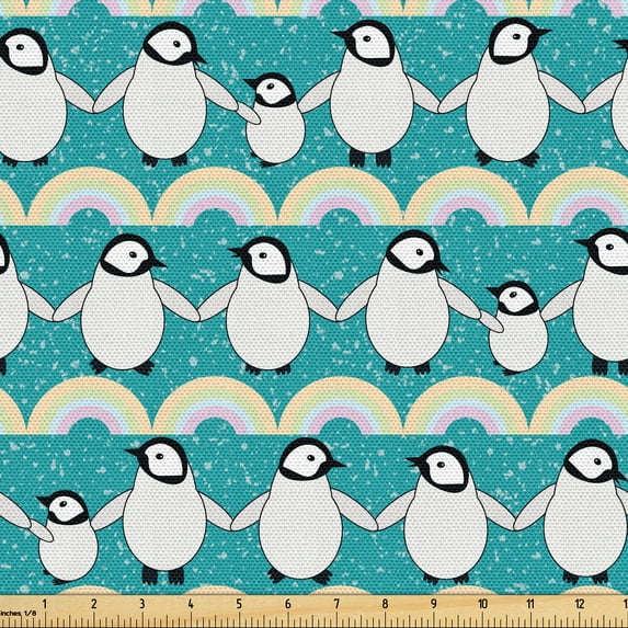 Ambesonne Funny Fabric by the Yard Upholstery, Cartoonish Penguins Rainbow, 5 Yards, Dark Seafoam and Soft Blue