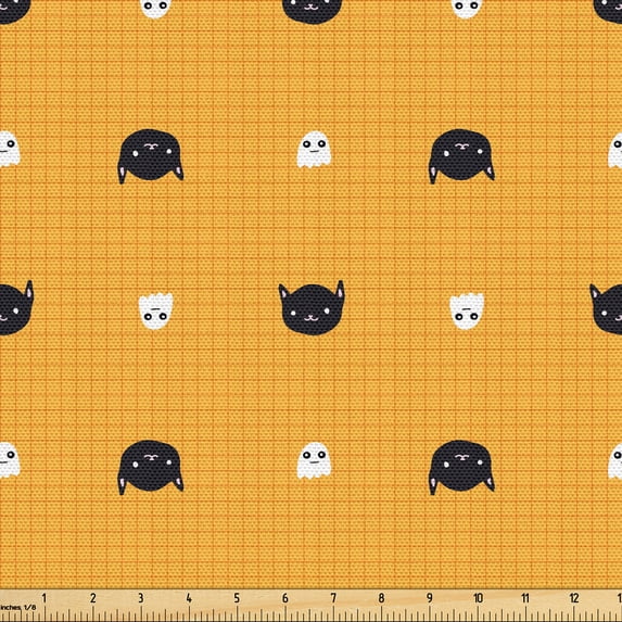 Ambesonne Funny Fabric by the Yard Upholstery, Ghosts and Cats on Squares, 2 Yards, Pale Orange and Off White