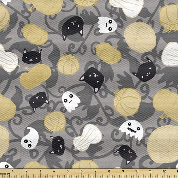 Ambesonne Funny Fabric by the Yard Upholstery, Kawaii Style Cat Ghost Art, 1 Yard, Pale Camel Beige Grey