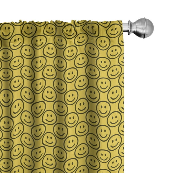 Ambesonne Funny Faces Curtains, Art Smiling Characters, Pair of 28"x95", Dark Army Green Yellow
