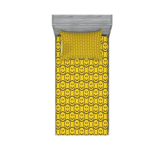 Ambesonne Funny Faces Fitted Sheet & Pillow Sham Set, Art Smiling Characters, Twinxl, Dark Army Green Yellow