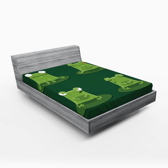 Ambesonne Funny Fitted Sheet, Frogs in Pond Lily Pad, Full Size, Hunter Green