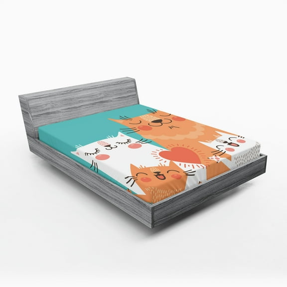 Ambesonne Funny Fitted Sheet, Kitty Couple Happy, Full Size, Multicolor