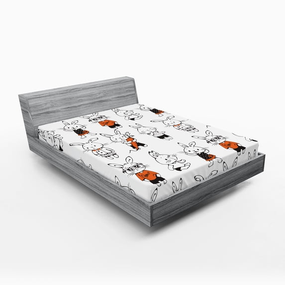 Ambesonne Funny Fitted Sheet, Retro Bunny Rabbits, Full Size, Orange White