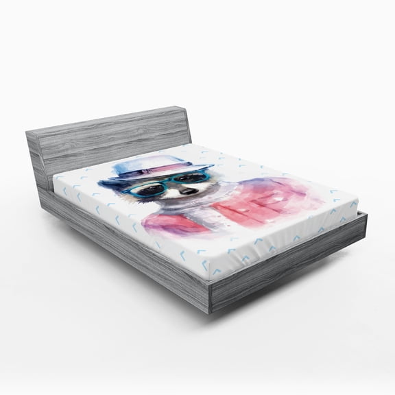 Ambesonne Funny Fitted Sheet, Retro Hipster Raccoon, Queen Size, Pink Blue