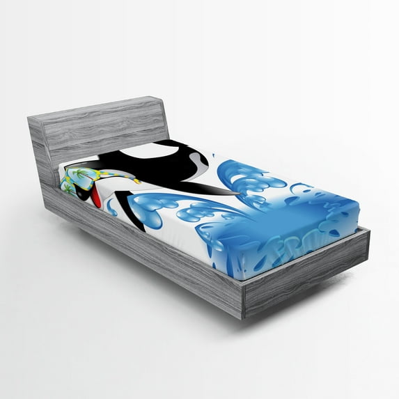 Ambesonne Funny Fitted Sheet, Whale with Sunglasses, Twin XL Size, Black Blue