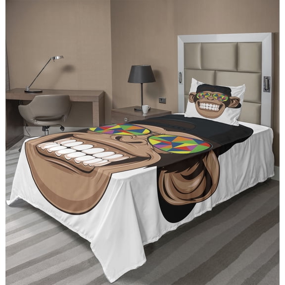 Ambesonne Funny Fitted & Top Sheet Set with Sham, Hipster Monkey Glasses, Brown Black White