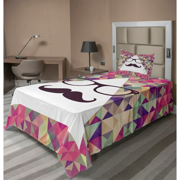 Ambesonne Funny Fitted & Top Sheet Set with Sham, Hipster Mustache Glasses, Multicolor