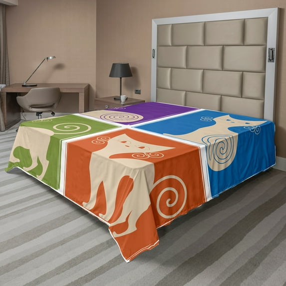 Ambesonne Funny Flat Sheet, Cartoon Cats Emotions, King Size, Orange Purple Green