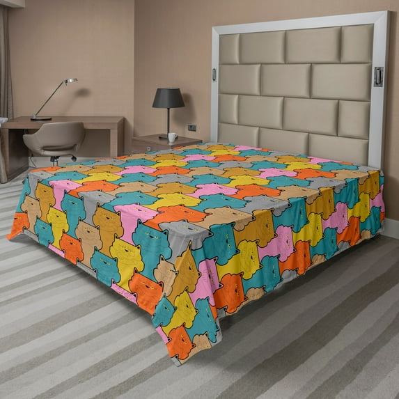 Ambesonne Funny Flat Sheet, Colorful Grumpy Face Cats, Queen Size, Multicolor