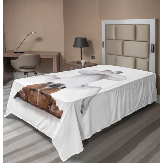 Ambesonne Funny Flat Sheet, Dog Upside down Relax, Twin Size, White Brown