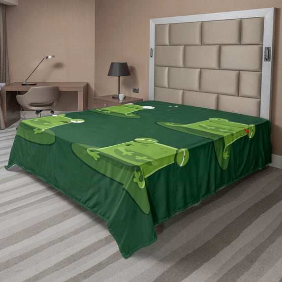 Ambesonne Funny Flat Sheet, Frogs in Pond Lily Pad, Full Size, Hunter Green