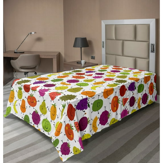 Ambesonne Funny Flat Sheet, Humanized Fruit Characters, Twin Size, White and Multicolor