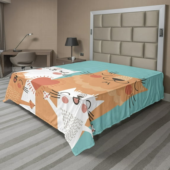 Ambesonne Funny Flat Sheet, Kitty Couple Happy, Queen Size, Multicolor