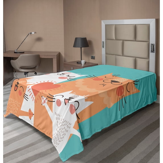 Ambesonne Funny Flat Sheet, Kitty Couple Happy, TwinXL Size, Multicolor