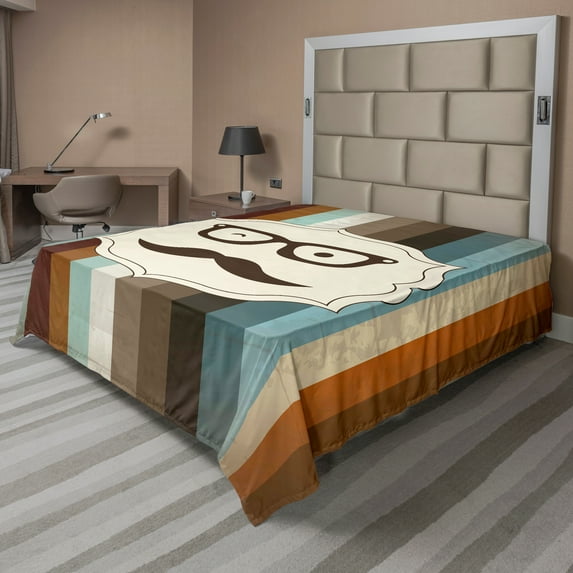 Ambesonne Funny Flat Sheet, Man Moustache Glasses, King Size, Multicolor