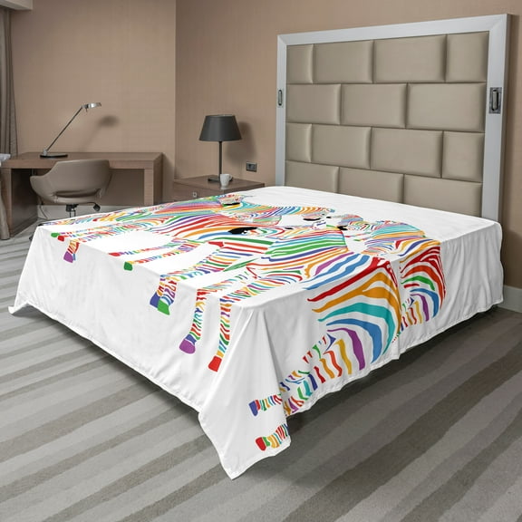 Ambesonne Funny Flat Sheet, Rainbow Inspired Zebra Motifs, Queen Size, Multicolor