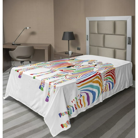 Ambesonne Funny Flat Sheet, Rainbow Inspired Zebra Motifs, Twin Size, Multicolor