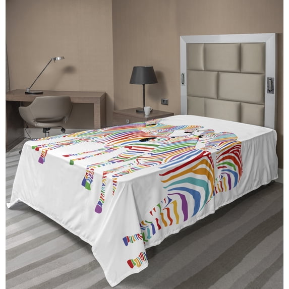 Ambesonne Funny Flat Sheet, Rainbow Inspired Zebra Motifs, TwinXL Size, Multicolor
