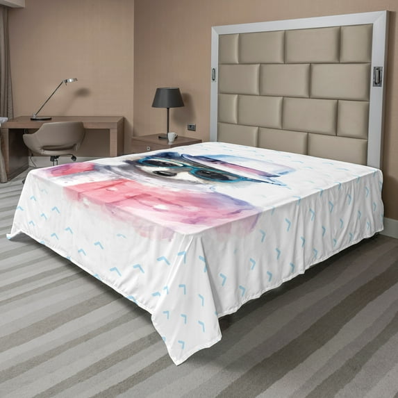 Ambesonne Funny Flat Sheet, Retro Hipster Raccoon, Full Size, Pink Blue